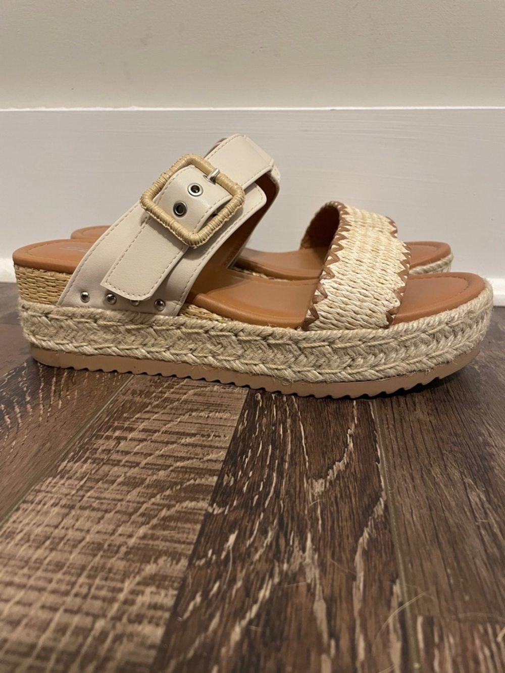 Soda Woven Espadrille Platform Slide Sandals - Cream size 7.5